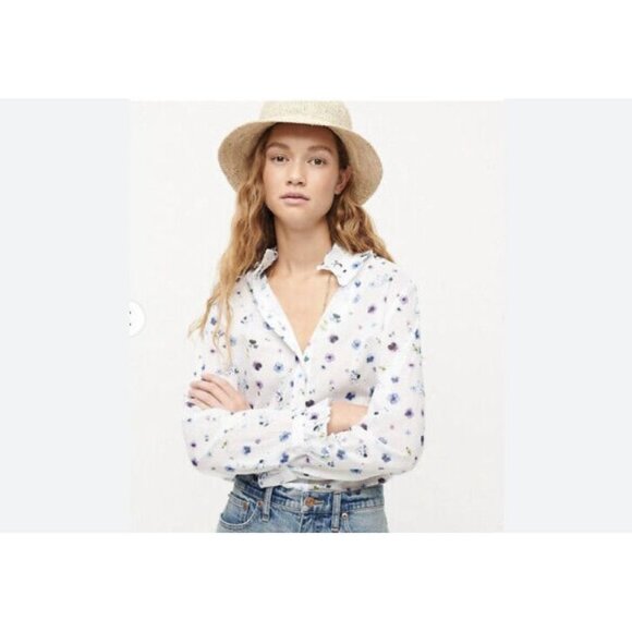 J.Crew Classic-Fit Ruffleneck Shirt Airy Floral Lilac Pansy Size 18 Preppy Sheer - Picture 1 of 13